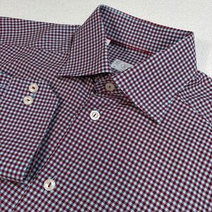 Eton Shirt Men's S /‎ 38-15 Red Blue Contemporary Gingham Plaid Cotton Button Up